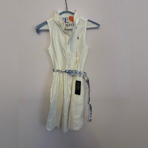 Ralph Lauren Cream Sleeveless Shirt Dress with Blue Floral Tie